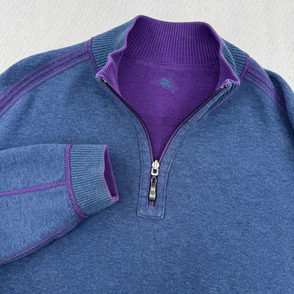 Tommy Bahama Mens L Reversible Quarter Zip Pullover Sweater Blue/Purple Coastal